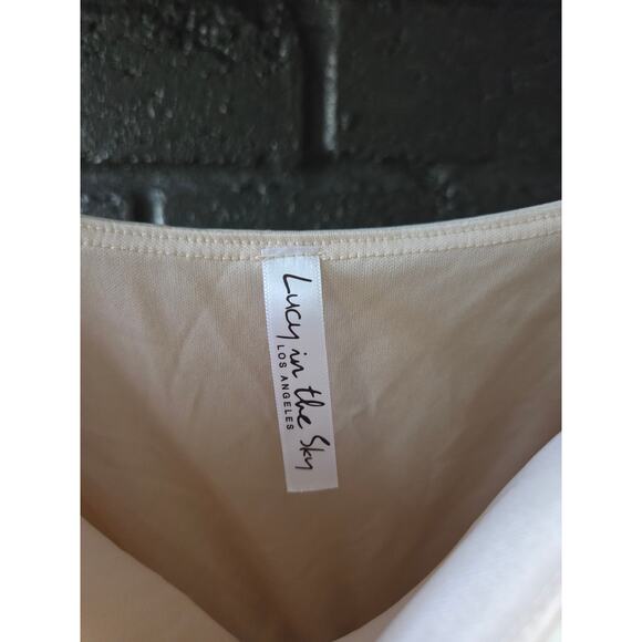 Lucy In The Sky Beige Mini Dress with Tie belt and sheer sleeves size Small - Picture 3 of 5